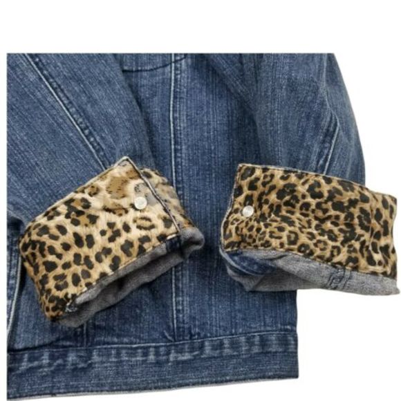 Lisa International Womens Small Denim Stretch Jacket Blue Jean Leopard Flip Cuff - Picture 9 of 12
